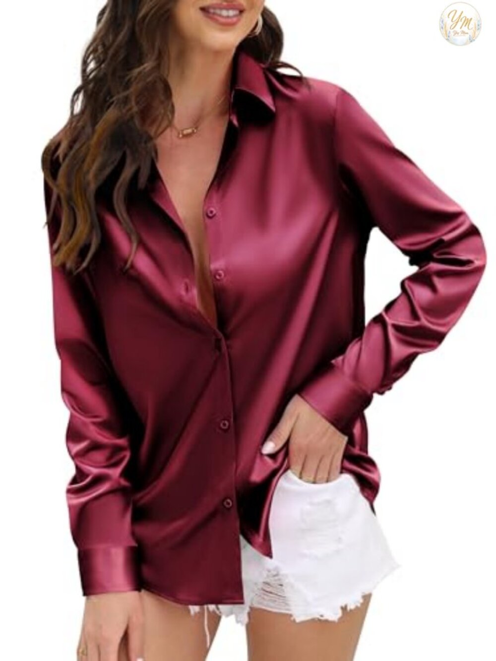 Satin Silk Button Down Blouse Long Sleeve V Neck Work Shirt